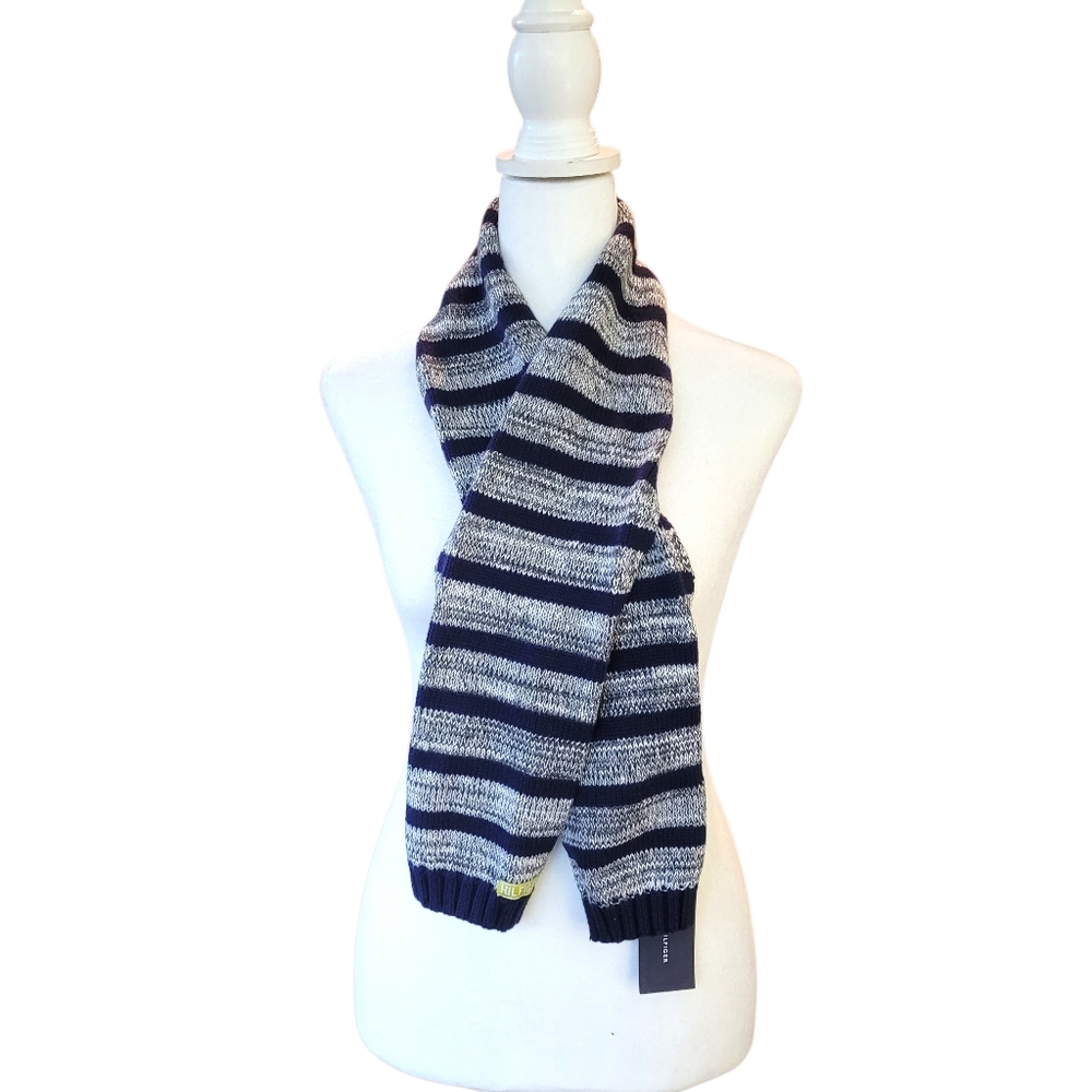 Tommy Hilfiger Navy and Gray Striped Knit Scarf